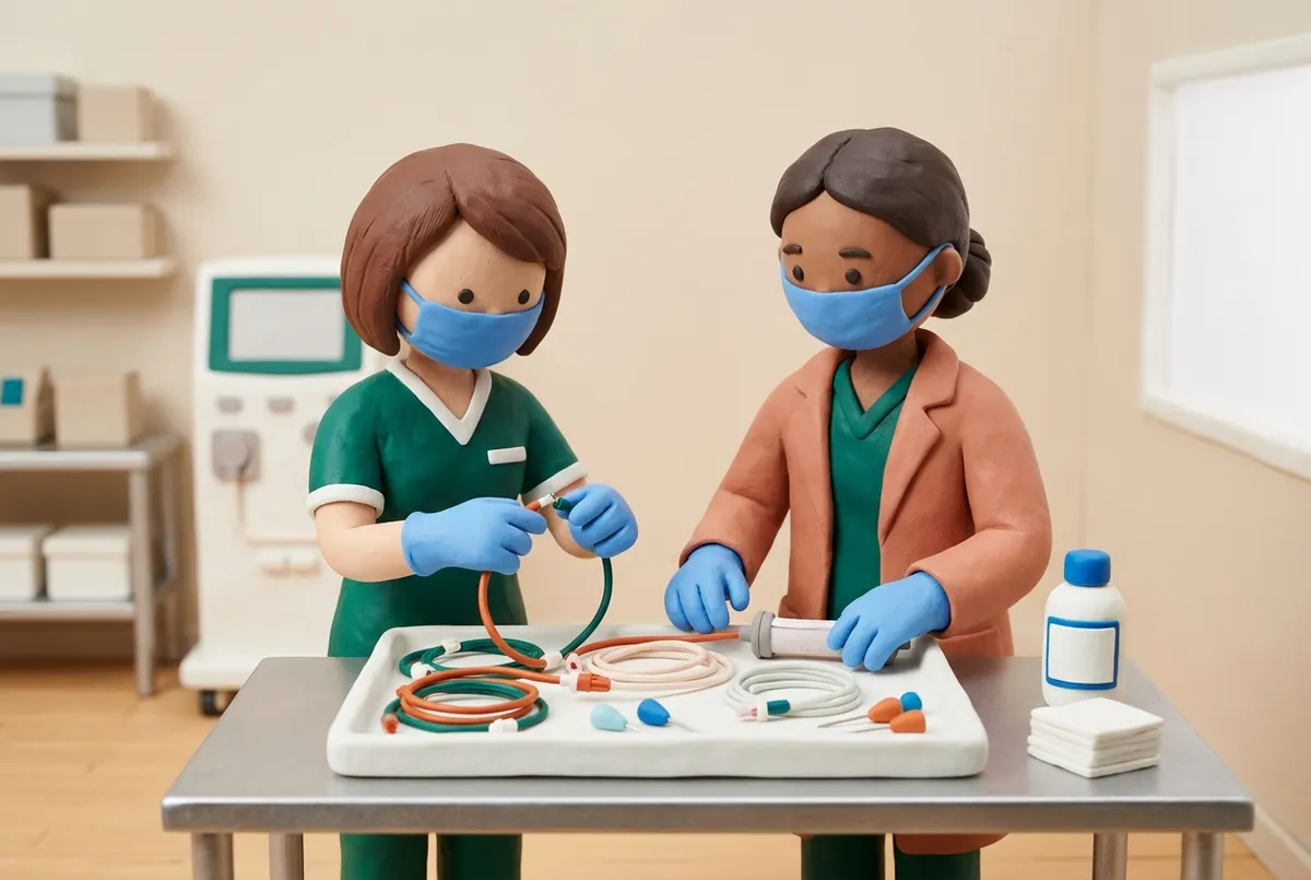Infirmière et néphrologue préparant un circuit de dialyse stérile