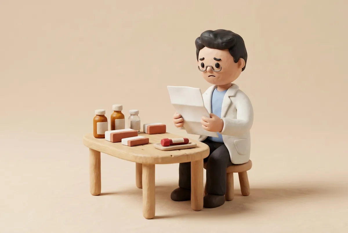 Néphrologue relisant une ordonnance à côté de flacons de médicaments