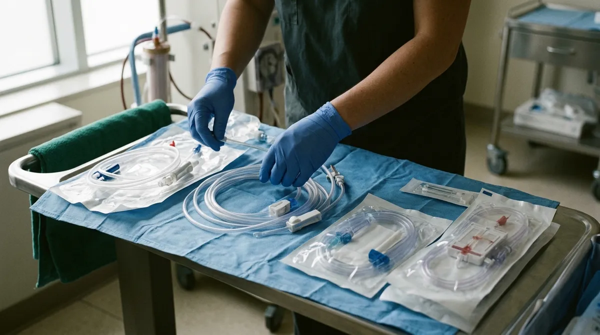 Mains gantées préparant un circuit de dialyse stérile
